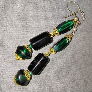 Black, Gold and Green Dangle Earrings